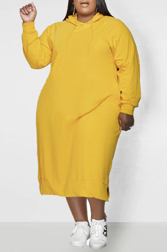 Yellow Casual Solid Patchwork Hooded Collar Straight Plus Size Dresses