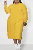 Gele Casual Solide Patchwork Hooded Kraag Recht Grote maten jurken