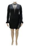 Blanc Fashion Sexy Patchwork Hot Drilling See-through Half A Turtleneck Long Sleeve Plus Size Dresses
