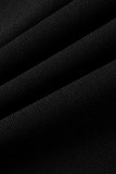 Schwarzes, lässiges, elegantes, solides Patchwork-Faltenkleid mit asymmetrischem O-Ausschnitt und One-Step-Rock
