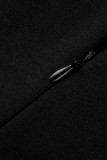 ブラック カジュアル エレガント ソリッド パッチワーク フォールド 非対称 Oネック ワンステップ スカート ドレス