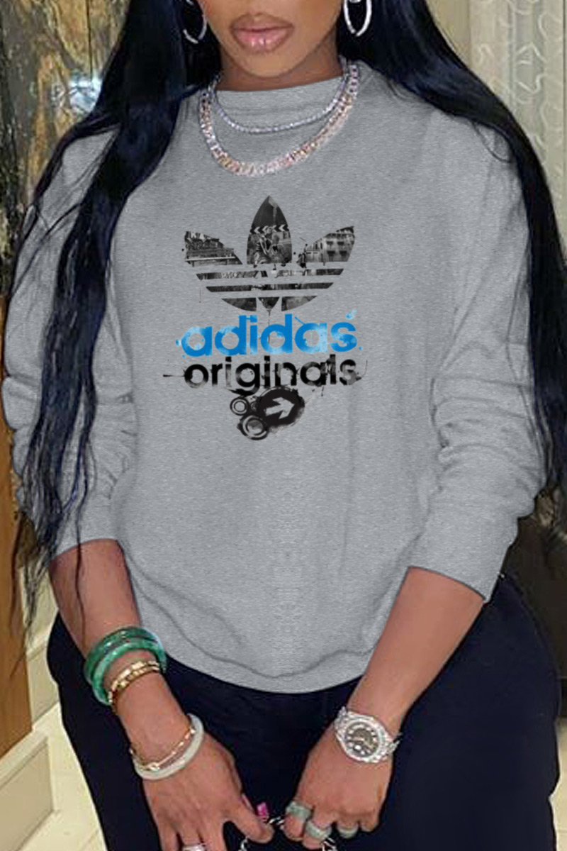 

Grey Fashion Sportswear Print Split Joint Letter O Neck Tops