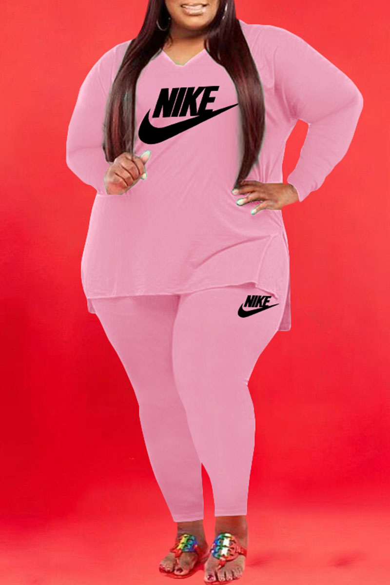 

Pink Fashion Casual Print Split Joint V Neck Plus Size Two Pieces