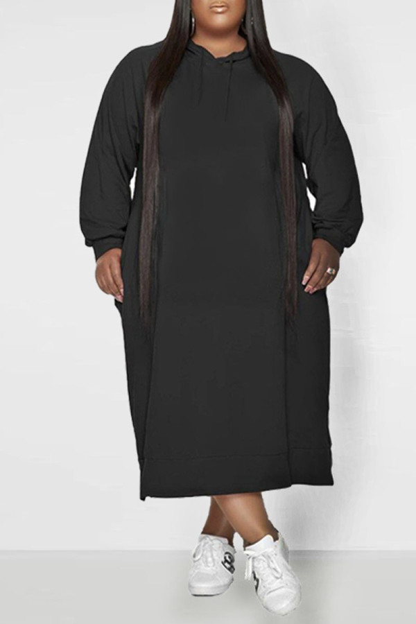 Zwart Casual Solid Patchwork Hooded Kraag Recht Grote maten jurken