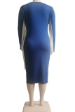 ブルーカジュアルプリントパッチワークVネックワンステップスカートプラスサイズのドレス