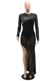 Black Sexy Patchwork Hot Drilling Sequins See-through Asymmetrical O Neck Evening Dress