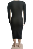 Black Casual Print Patchwork V Neck One Step Skirt Plus Size Dresses