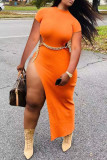 Оранжевое модное сексуальное однотонное платье-водолазка с короткими рукавами и разрезом (с цепочкой на талии)