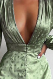 Vestidos rectos con cuello en V y pliegues con abertura y patchwork con estampado elegante verde