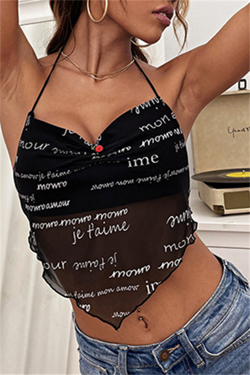 

Black Sexy Casual Letter Print Split Joint Backless Asymmetrical Halter Tops