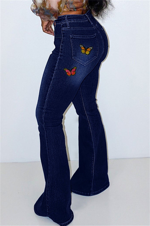 Dunkelblaue, modische, lässige Denim-Jeans mit hoher Taille und Schmetterlingsdruck