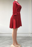 Красные модные повседневные однотонные лоскутные платья с отложным воротником и длинными рукавами