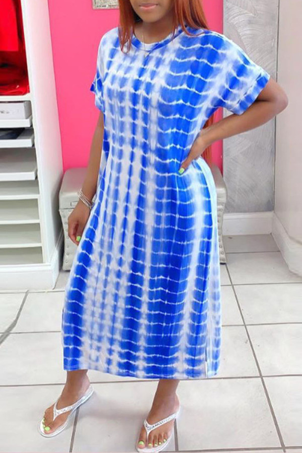 Blauwe mode casual print spleet O-hals korte mouw jurk jurken