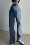 Синие повседневные уличные однотонные джинсы с высокой талией в технике пэчворк