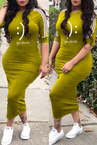 Vestidos de falda de un paso con cuello en O básico estampado casual de moda amarillo