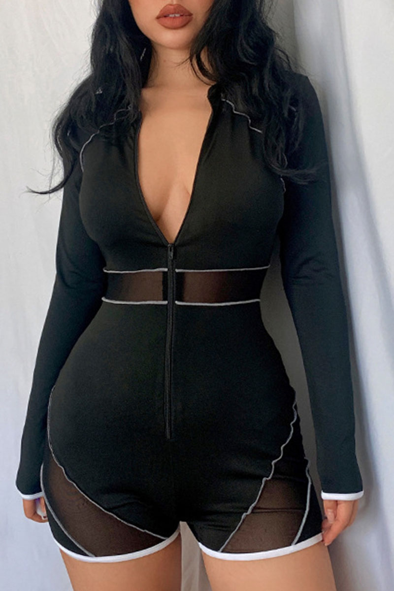 

Black Sexy Solid Split Joint See-through Zipper Turndown Collar Regular Jumpsuits