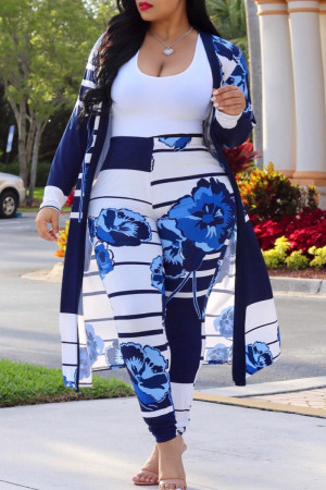 Blue Fashion Casual Street Vacation Print Printing cardigan Plus Size Two Pieces