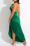 グリーン ファッション セクシー ソリッド バックレス ホルター ノースリーブ ドレス ドレス