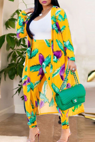 Green Yellow Fashion Casual Street Vacation Print Printing cardigan Plus Size Two Pieces