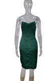 グリーンセクシーなソリッドパッチワークスリットスパゲッティストラップワンステップスカートドレス