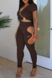 Coffee Fashion Sexy Solid Hollowed Out V Neck Short Sleeve Two Pieces Crop Tops And Pants Sets