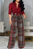 ブルゴーニュ ファッション カジュアル プリント ベーシック ターンダウンカラー 長袖 ツーピース