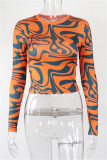 Orange Fashion Casual Print Basic O Neck Tops