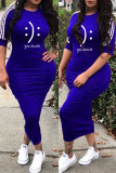 チベット ブルー ファッション カジュアル プリント ベーシック O ネック ワンステップ スカート ドレス
