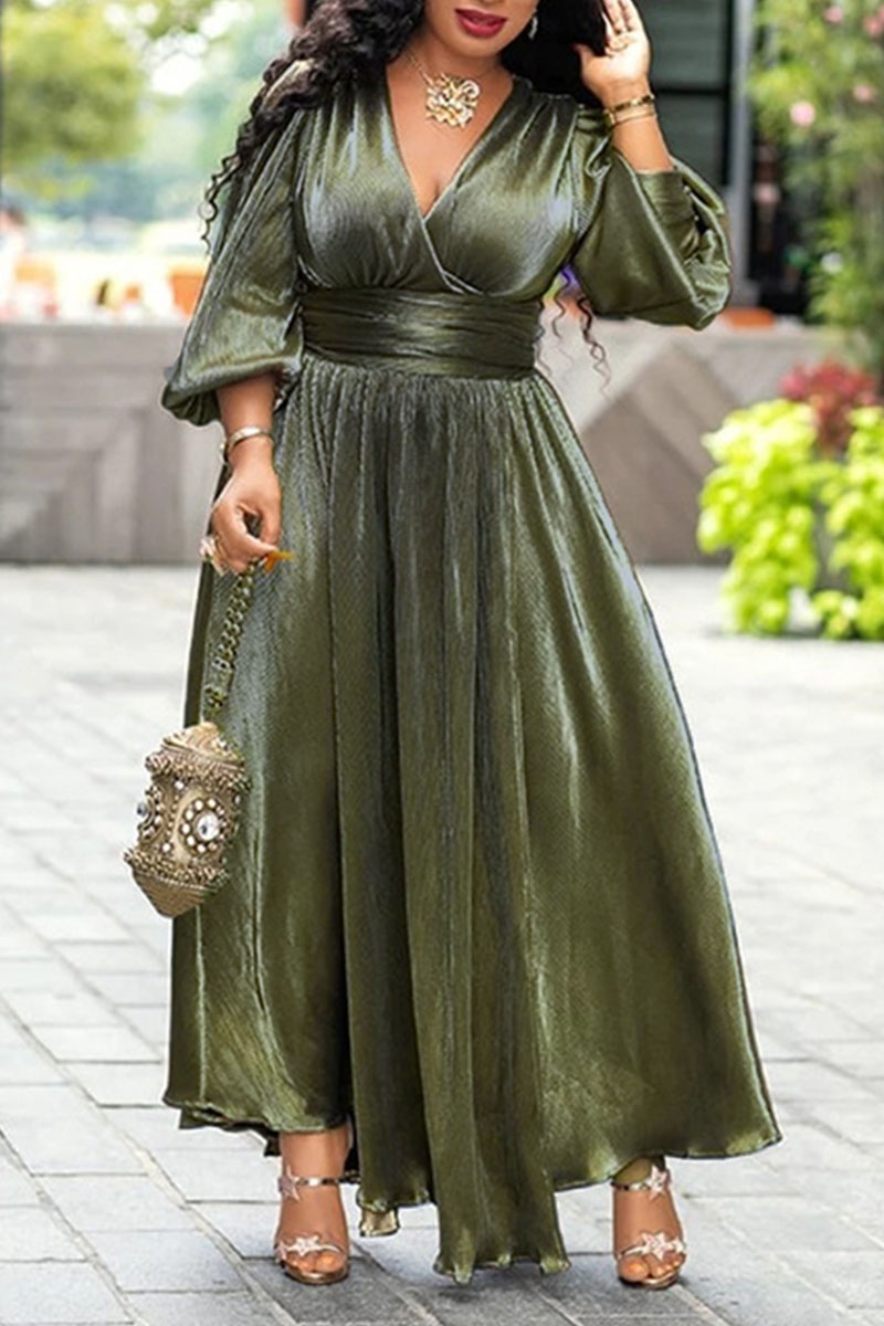 

Ink Green Elegant Solid Split Joint V Neck A Line Dresses