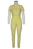 Yellow Fashion Sexy Solid Hollowed Out See-through Half A Turtleneck Short Sleeve Two Pieces