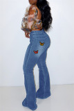 Mörkblått Mode Casual Butterfly Print Vanliga jeans med hög midja