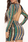 Цветной сексуальный принт с блестками в стиле пэчворк с открытой спиной и V-образным вырезом, юбка на один шаг, платья