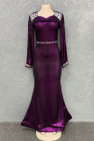 Purple Fashion Sexy Plus Size Patchwork Hot Drilling Hollowed Out O Neck Evening Dress
