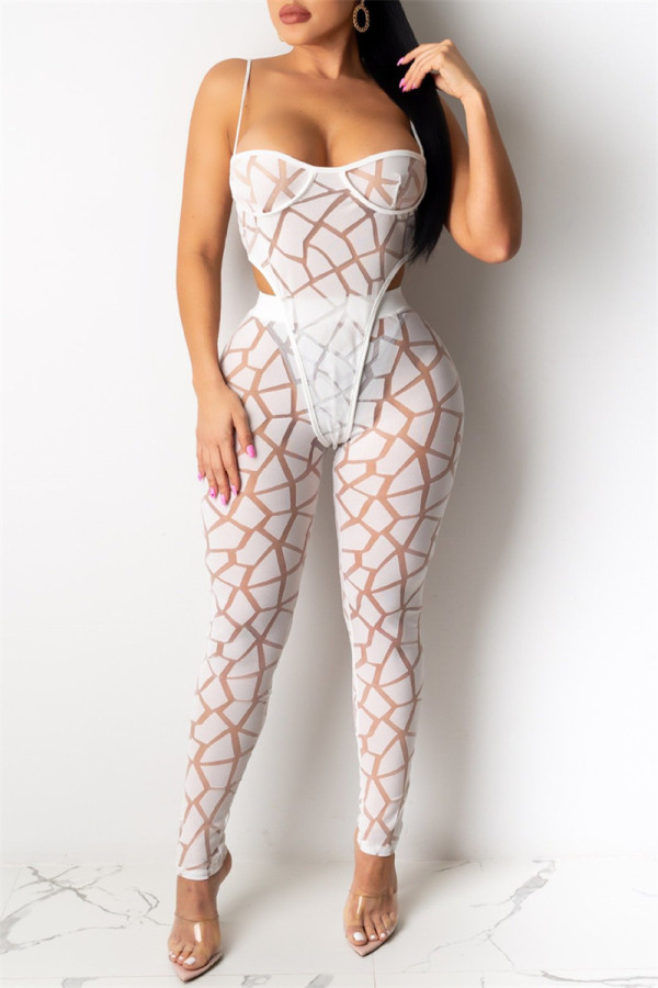 Blanc Fashion Sexy Print See-through Backless Spaghetti Strap sans manches deux pièces