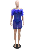 Blue Fashion Sexy Patchwork See-through Backless Strapless Sleeveless Two Pieces