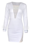 Witte sexy effen patchwork doorzichtige hete boor vierkante kraag één stap rok plus maten jurken
