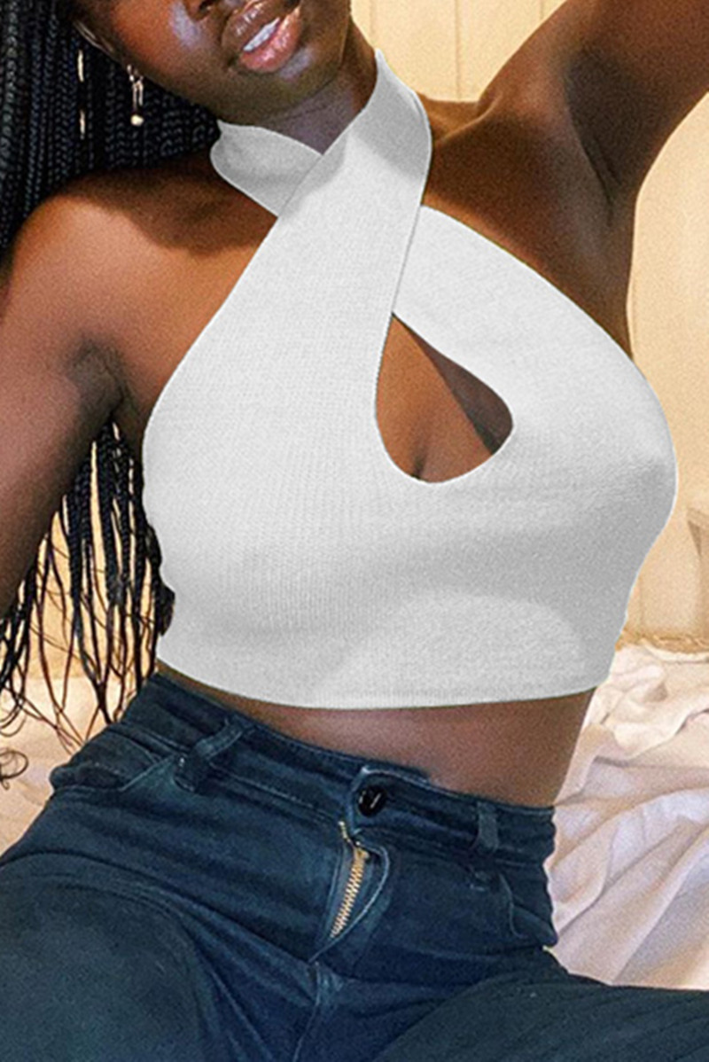 

White Sexy Casual Solid Hollowed Out Backless Halter Tops