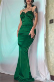 Зеленое модное сексуальное однотонное вечернее платье с открытой спиной и перекрестными ремешками на тонких бретелях