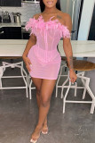 Pink Fashion Sexy Patchwork See-through Backless Strapless Sleeveless Two Pieces
