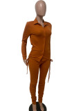 Orange Fashion Casual Solid Draw String Fold Turndown Collar Long Sleeve Two Pieces