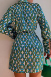 Blauwe mode casual print bandage patchwork rechte jurken met V-hals