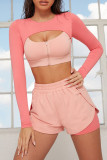Pink Casual Sportswear Solid Hollowed Out Patchwork Zipper O Neck Long Sleeve Two Pieces