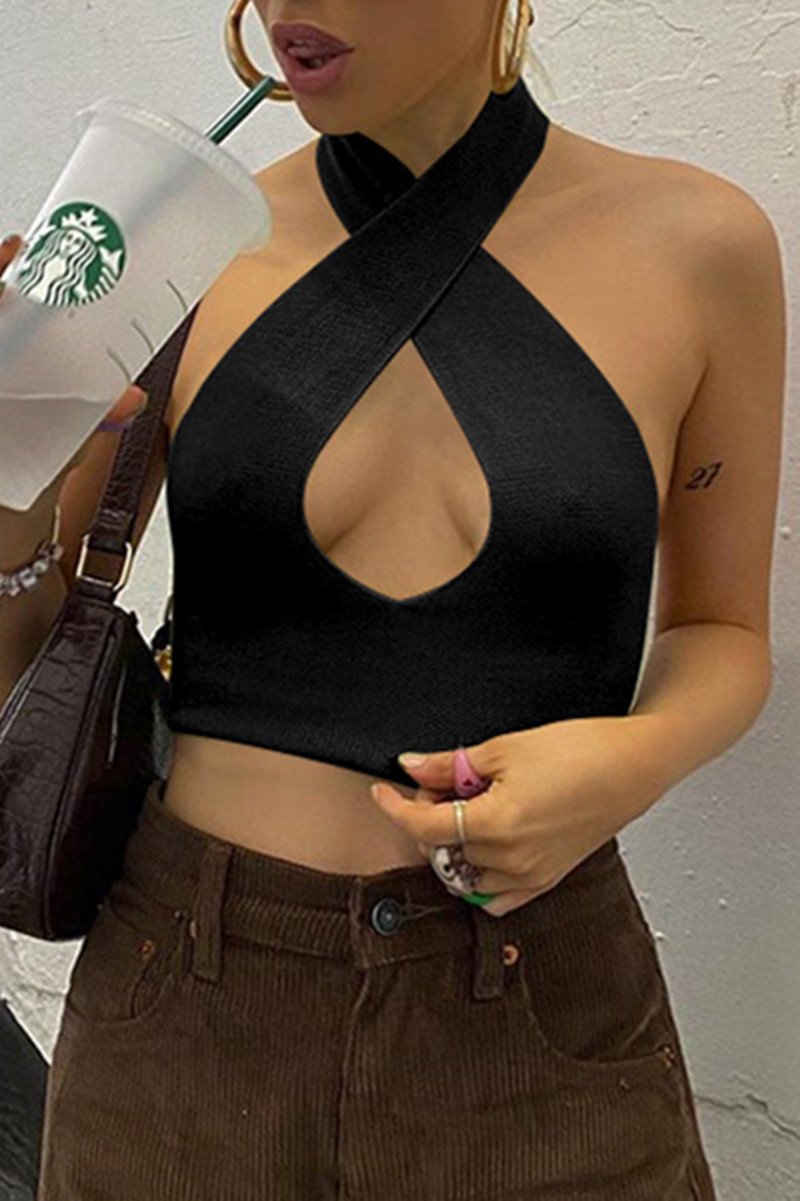 

Black Sexy Casual Solid Hollowed Out Backless Halter Tops