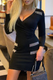 ブラック カジュアル ソリッド タッセル パッチワーク Vネック ワンステップ スカート ドレス