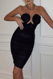 ブラック セクシー ソリッド パッチワーク フォールド ストラップレス ワン ステップ スカート ドレス