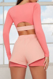 Pink Casual Sportswear Solid Hollowed Out Patchwork Zipper O Neck Long Sleeve Two Pieces