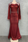 Red Fashion Sexy Plus Size Patchwork Hot Drilling Hollowed Out O Neck Evening Dress