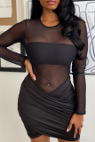 Black Sexy Solid Patchwork Mesh O Neck Pencil Skirt Dresses