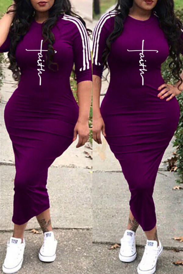 Purple Fashion Casual Print Patchwork O Neck One Step Skirt Dresses