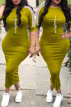 Vestidos de falda de un paso con cuello en O de estampado casual de moda amarillo